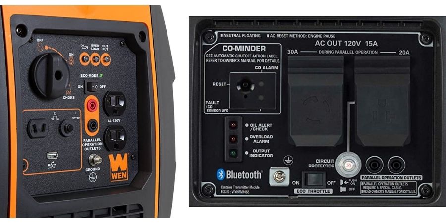 Both generators have a control panel that has outlets and alert indicators