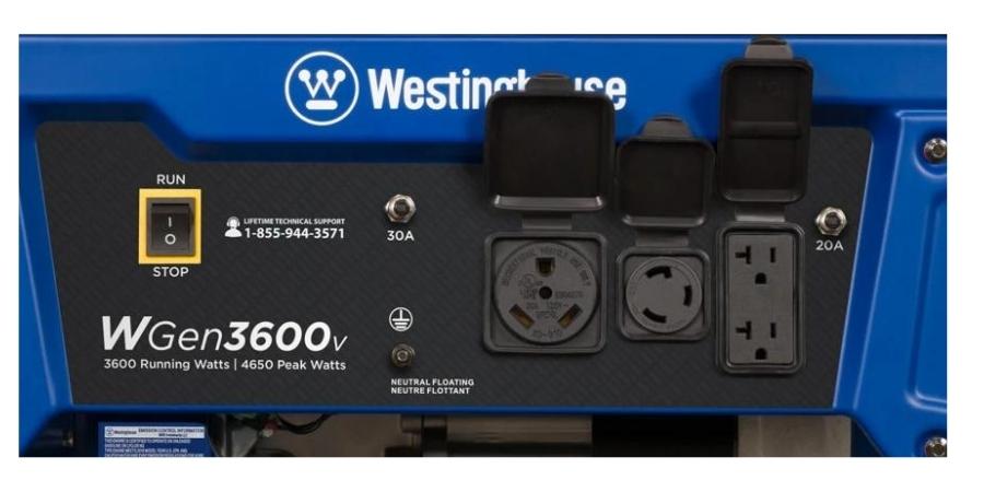 Westinghouse WGen3600v has one 120-Volt duplex household outlet. It also has one L5-30R, and one TT-30R RV receptacle with rubber outlet covers