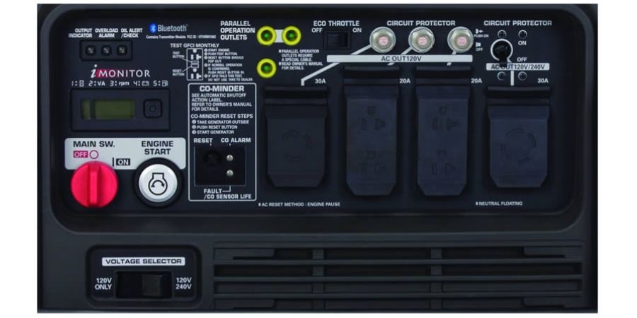 The i-Monitor system displays hours of operation, wattage, engine speed, and diagnostic data. These help in maintaining and operating this EU7000iS portable generator